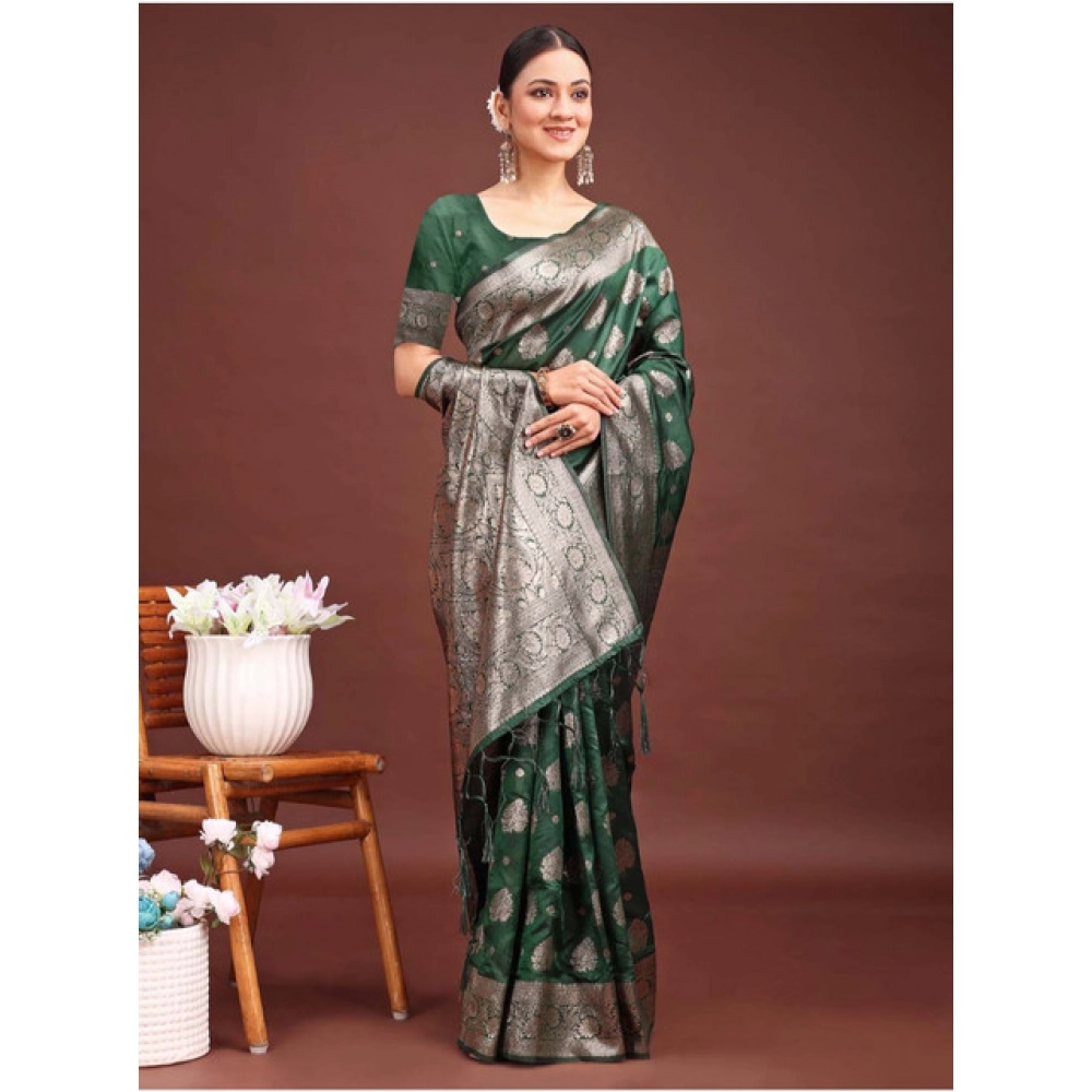 Women's Banarasi Silk Printed Saree With Unstitched Blouse 5.5Mtr (Dark Green) - Image 2