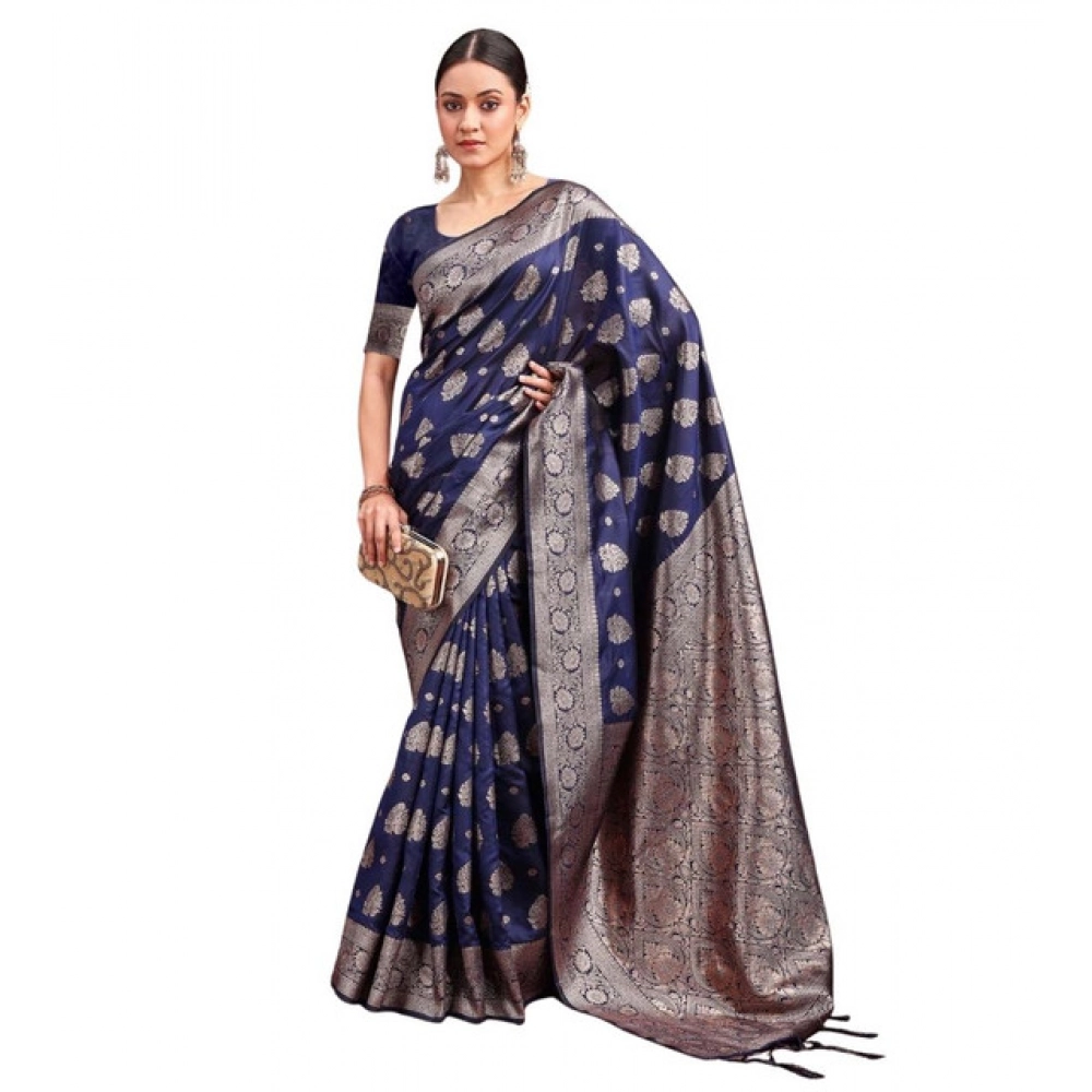 Women's Banarasi Silk Printed Saree With Unstitched Blouse 5.5Mtr (Navy Blue)