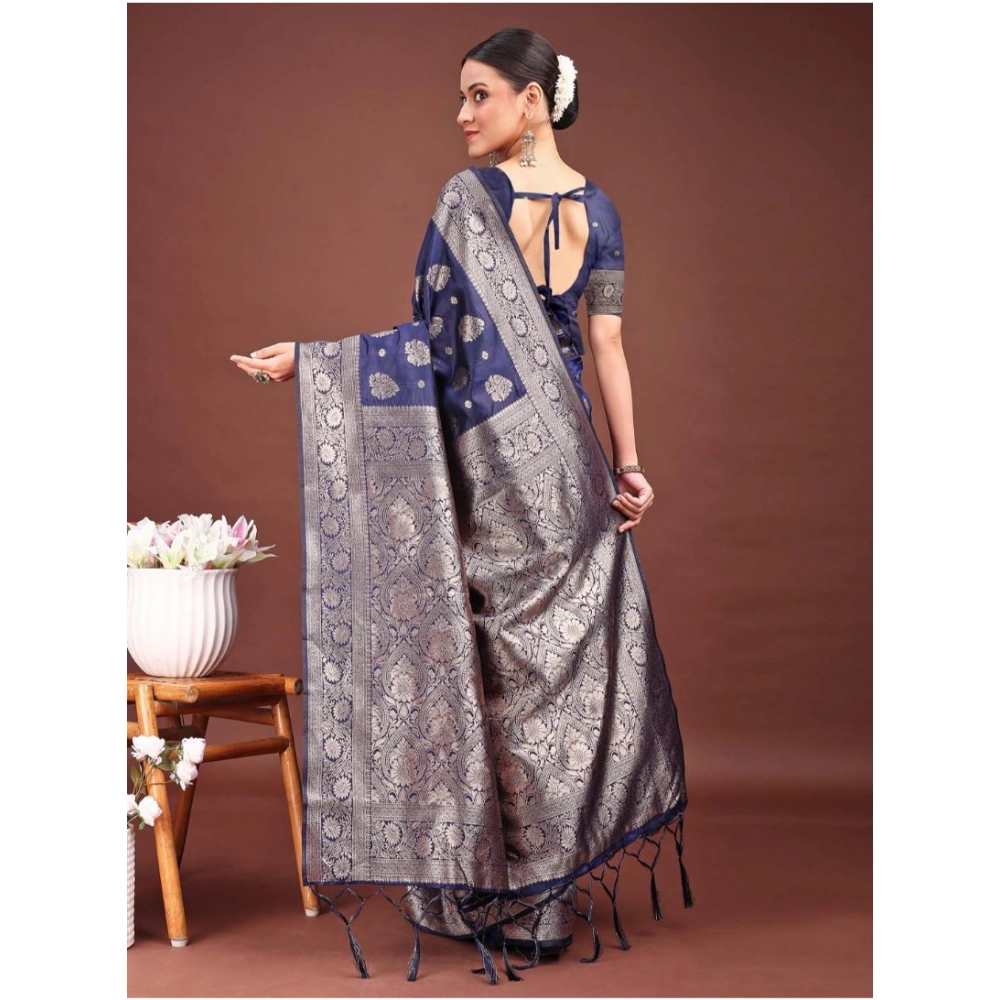 Women's Banarasi Silk Printed Saree With Unstitched Blouse 5.5Mtr (Navy Blue) - Image 4