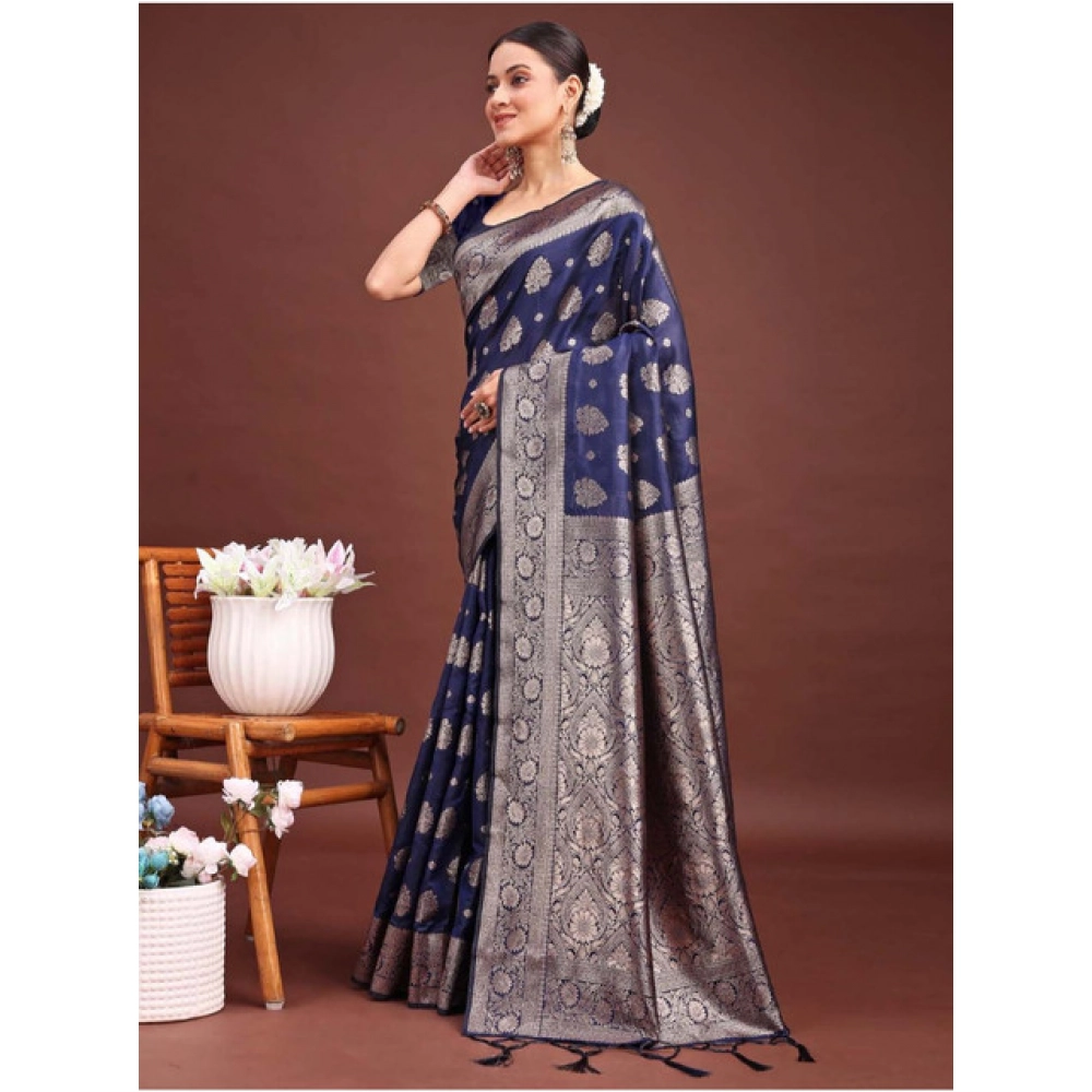 Women's Banarasi Silk Printed Saree With Unstitched Blouse 5.5Mtr (Navy Blue) - Image 3