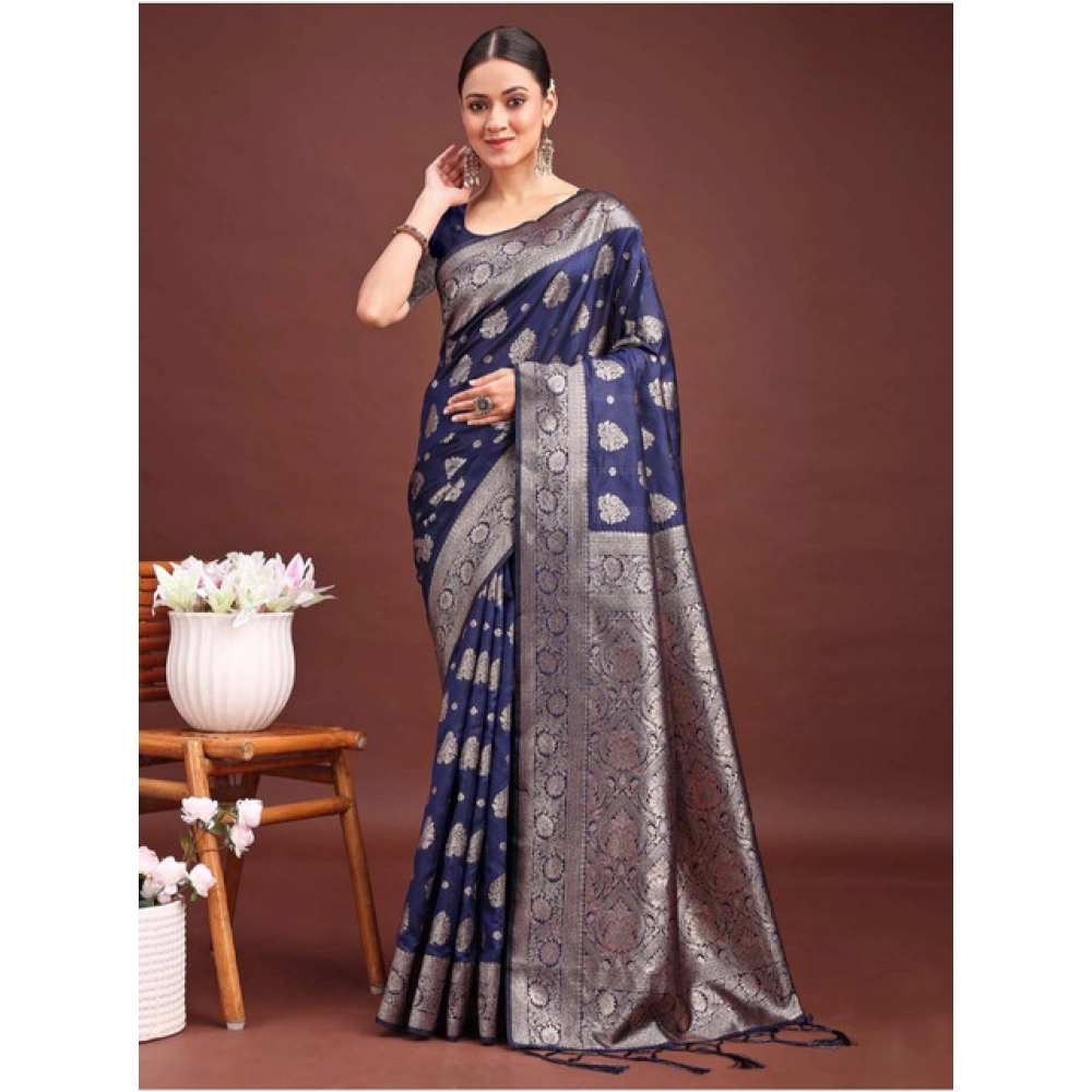Women's Banarasi Silk Printed Saree With Unstitched Blouse 5.5Mtr (Navy Blue) - Image 2