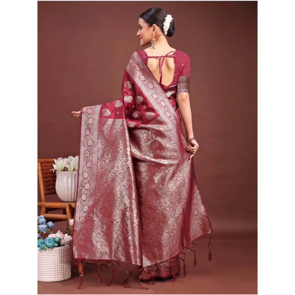 Women's Banarasi Silk Printed Saree With Unstitched Blouse 5.5Mtr (Maroon) - Image 4