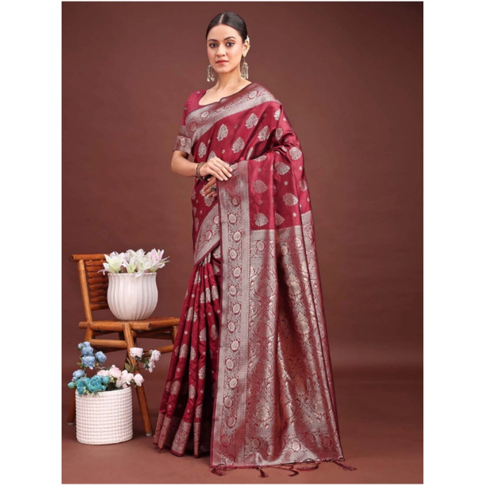 Women's Banarasi Silk Printed Saree With Unstitched Blouse 5.5Mtr (Maroon) - Image 3