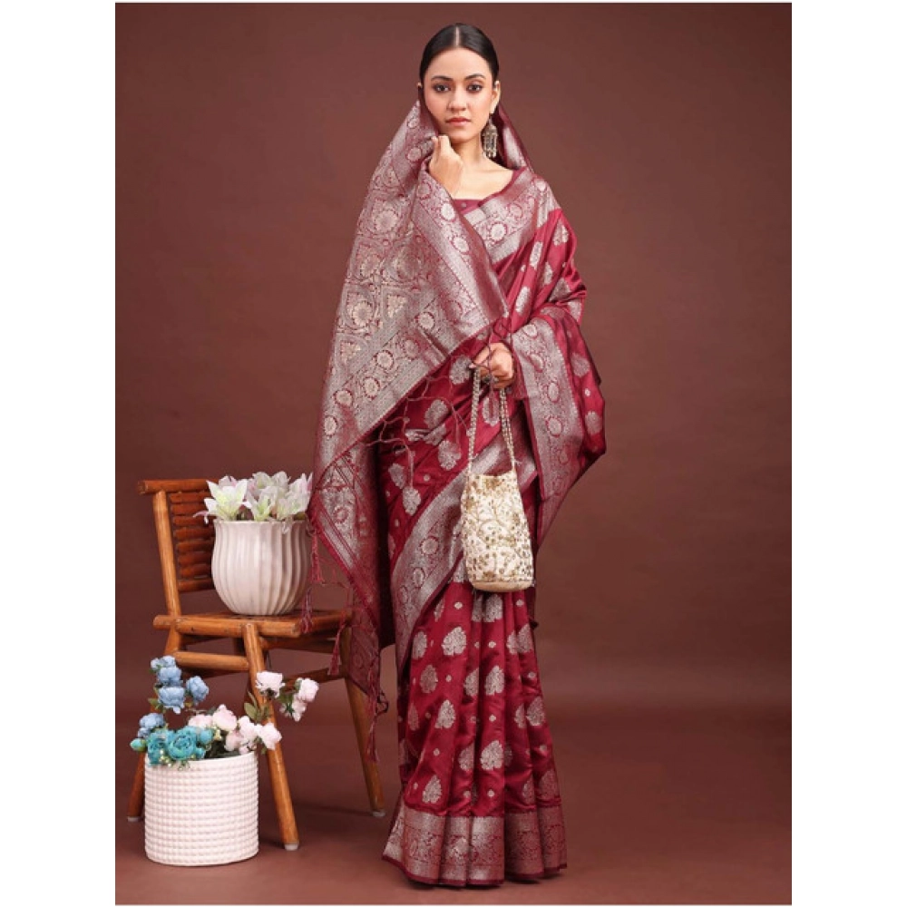 Women's Banarasi Silk Printed Saree With Unstitched Blouse 5.5Mtr (Maroon) - Image 2