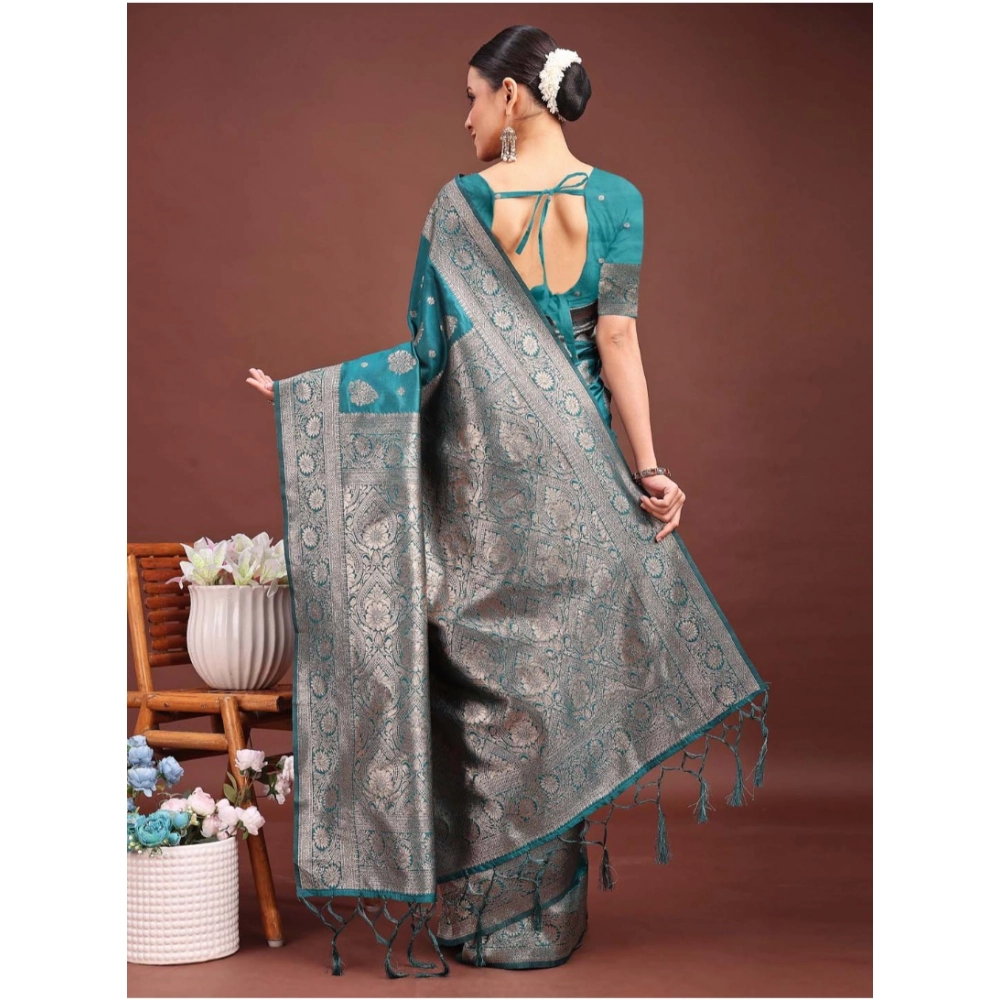 Women's Banarasi Silk Printed Saree With Unstitched Blouse 5.5Mtr (Sea Green) - Image 4