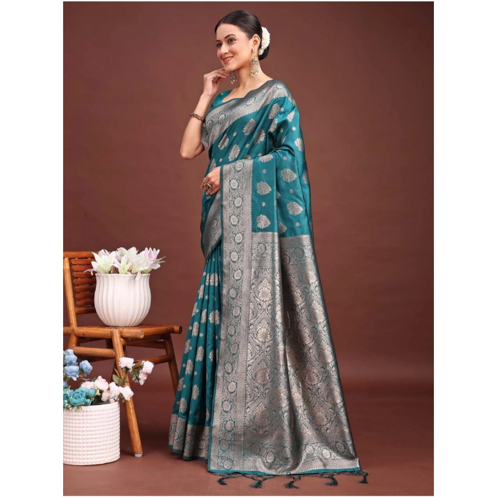 Women's Banarasi Silk Printed Saree With Unstitched Blouse 5.5Mtr (Sea Green) - Image 3