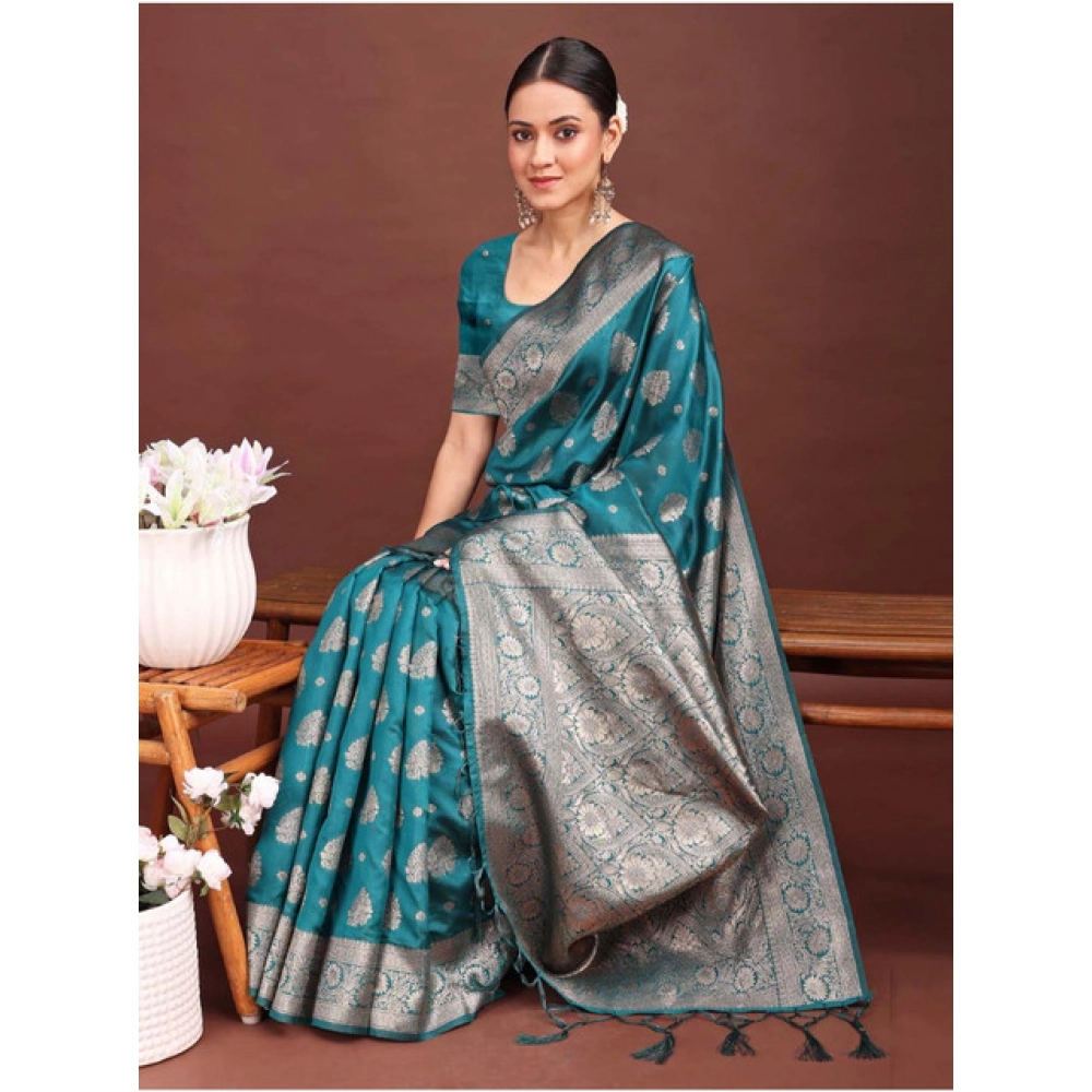 Women's Banarasi Silk Printed Saree With Unstitched Blouse 5.5Mtr (Sea Green) - Image 2