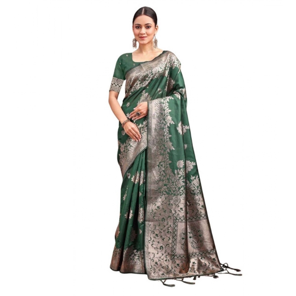 Women's Banarasi Silk Printed Saree With Unstitched Blouse 5.5Mtr (Dark Green)
