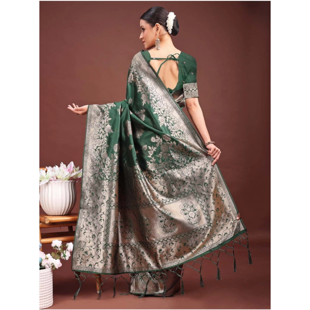 Women's Banarasi Silk Printed Saree With Unstitched Blouse 5.5Mtr (Dark Green) - Image 2
