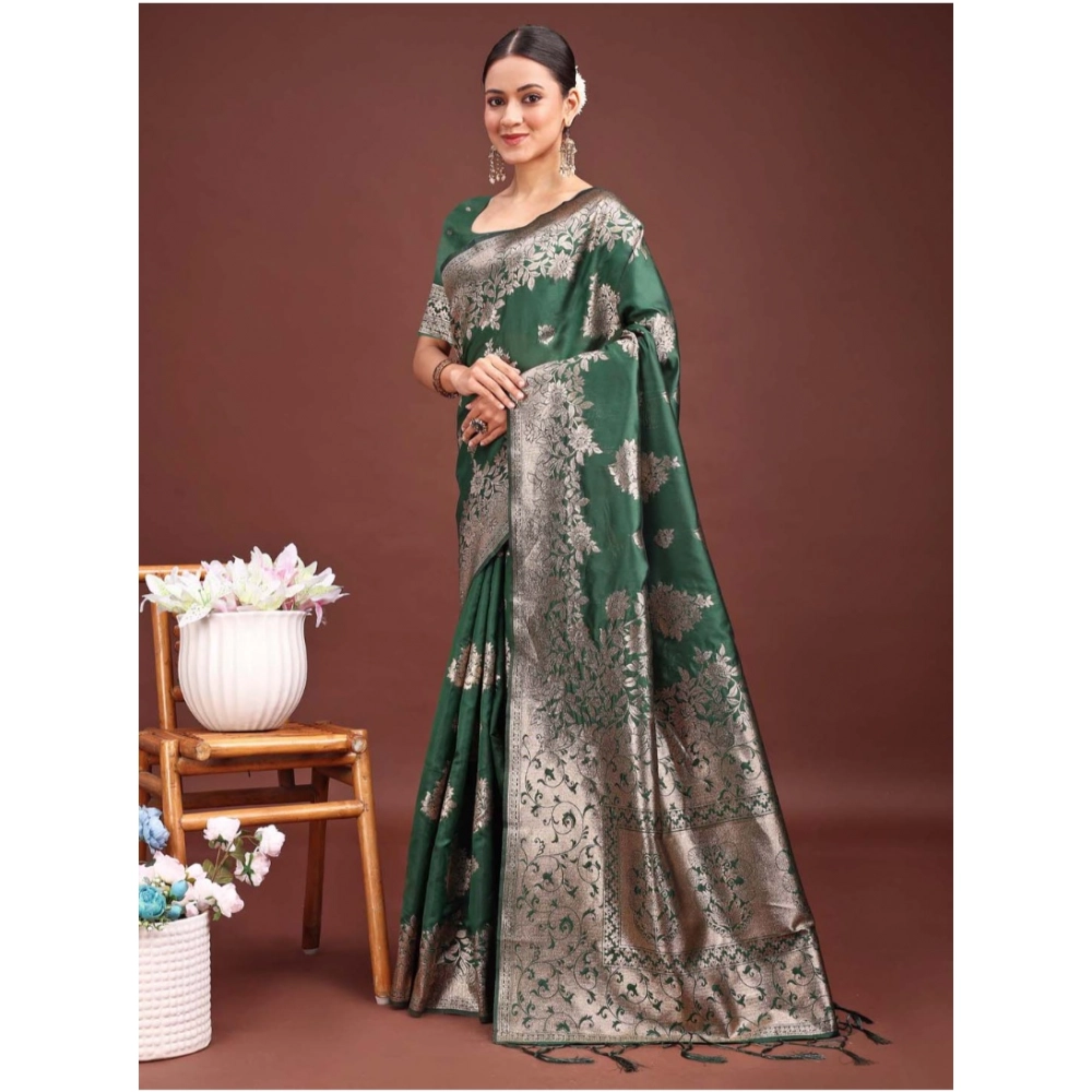 Women's Banarasi Silk Printed Saree With Unstitched Blouse 5.5Mtr (Dark Green) - Image 3