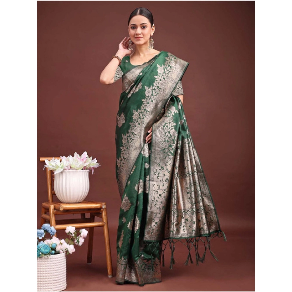 Women's Banarasi Silk Printed Saree With Unstitched Blouse 5.5Mtr (Dark Green) - Image 4
