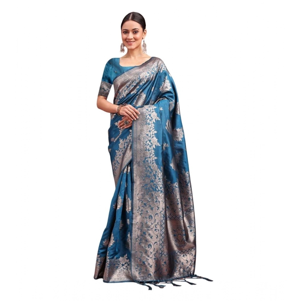 Women's Banarasi Silk Printed Saree With Unstitched Blouse 5.5Mtr (Teal Blue)