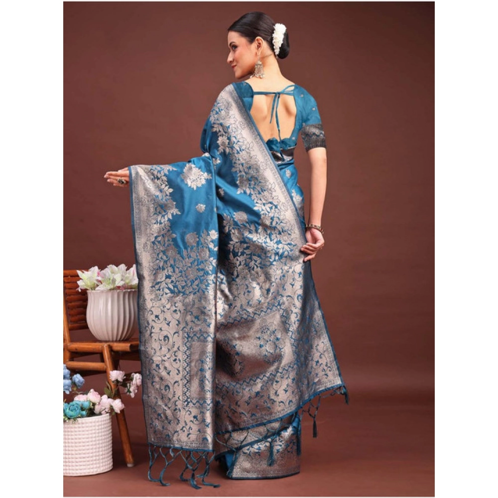 Women's Banarasi Silk Printed Saree With Unstitched Blouse 5.5Mtr (Teal Blue) - Image 4