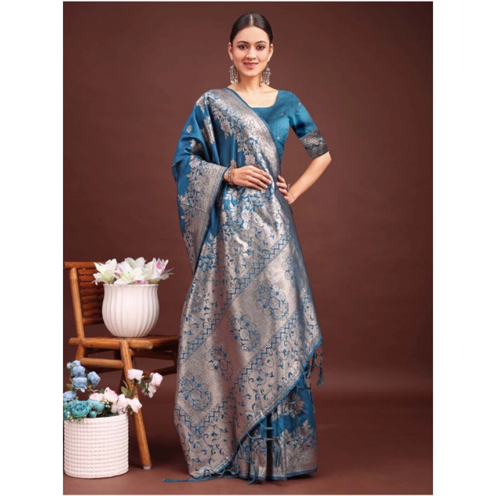 Women's Banarasi Silk Printed Saree With Unstitched Blouse 5.5Mtr (Teal Blue) - Image 3