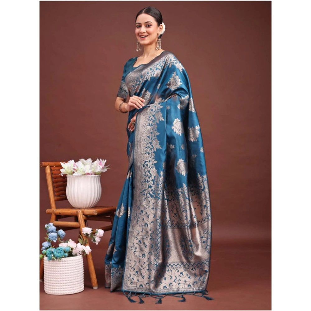 Women's Banarasi Silk Printed Saree With Unstitched Blouse 5.5Mtr (Teal Blue) - Image 2