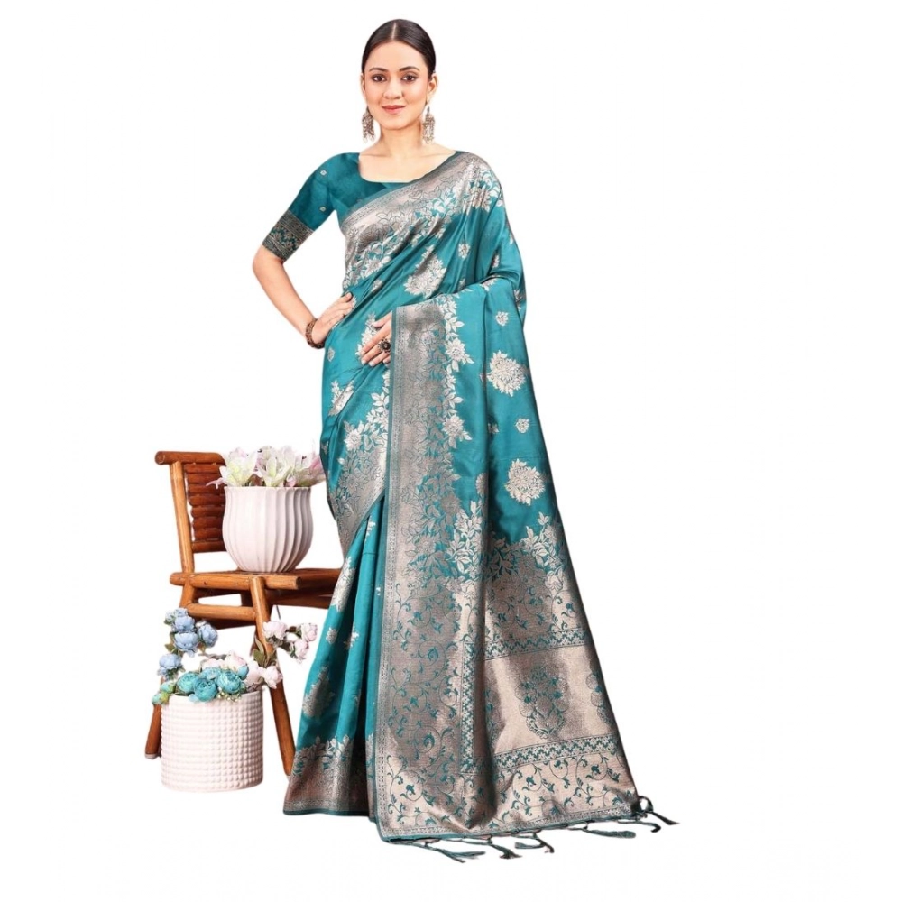 Women's Banarasi Silk Printed Saree With Unstitched Blouse 5.5Mtr (Sea Green)