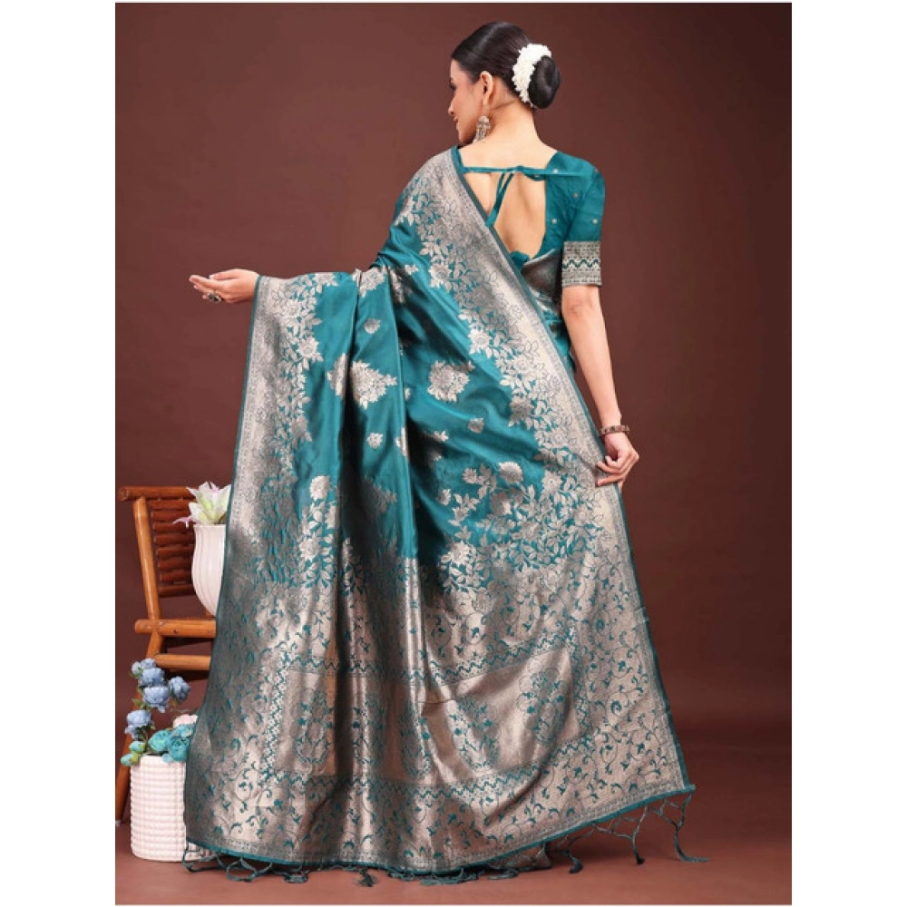Women's Banarasi Silk Printed Saree With Unstitched Blouse 5.5Mtr (Sea Green) - Image 4