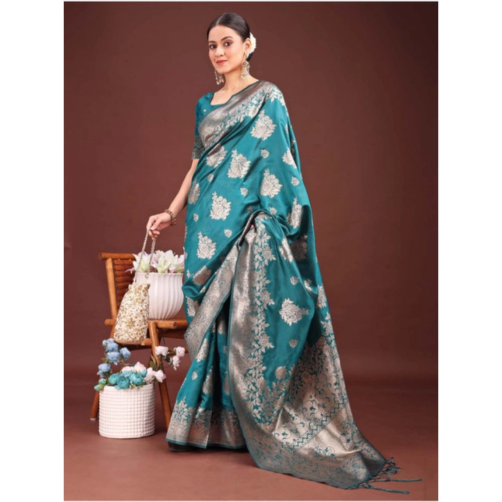 Women's Banarasi Silk Printed Saree With Unstitched Blouse 5.5Mtr (Sea Green) - Image 3