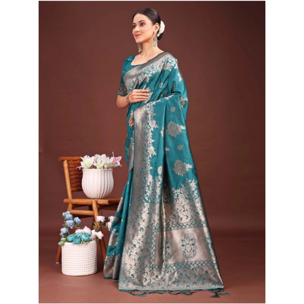 Women's Banarasi Silk Printed Saree With Unstitched Blouse 5.5Mtr (Sea Green) - Image 2