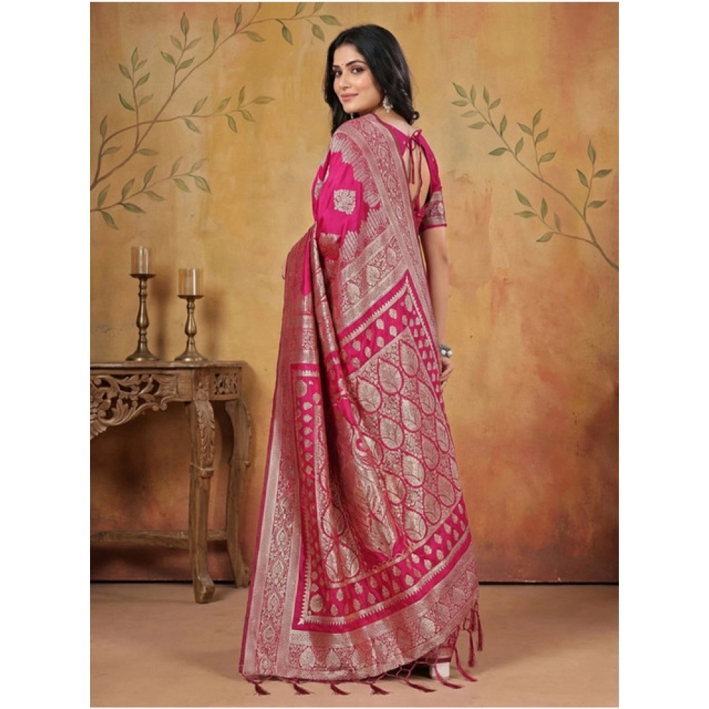 Women's Silk Blend Printed Saree With Unstitched Blouse 5.5Mtr (Magenta) - Image 3