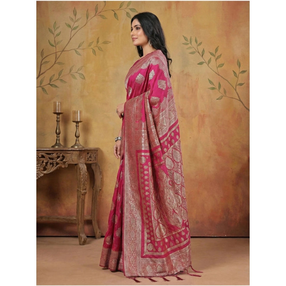Women's Silk Blend Printed Saree With Unstitched Blouse 5.5Mtr (Magenta) - Image 2