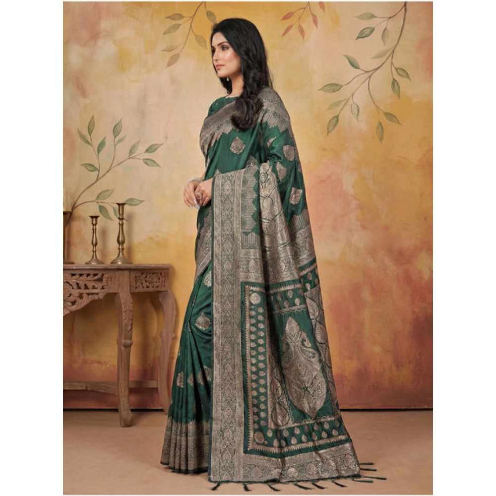 Women's Silk Blend Printed Saree With Unstitched Blouse 5.5Mtr (Green) - Image 2