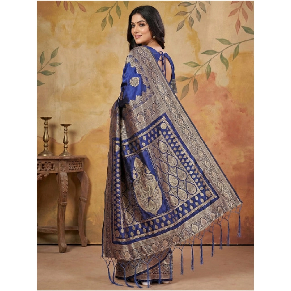 Women's Silk Blend Printed Saree With Unstitched Blouse 5.5Mtr (Navy Blue) - Image 3