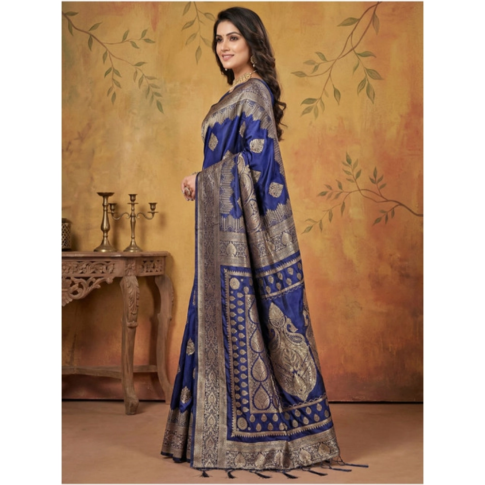 Women's Silk Blend Printed Saree With Unstitched Blouse 5.5Mtr (Navy Blue) - Image 2