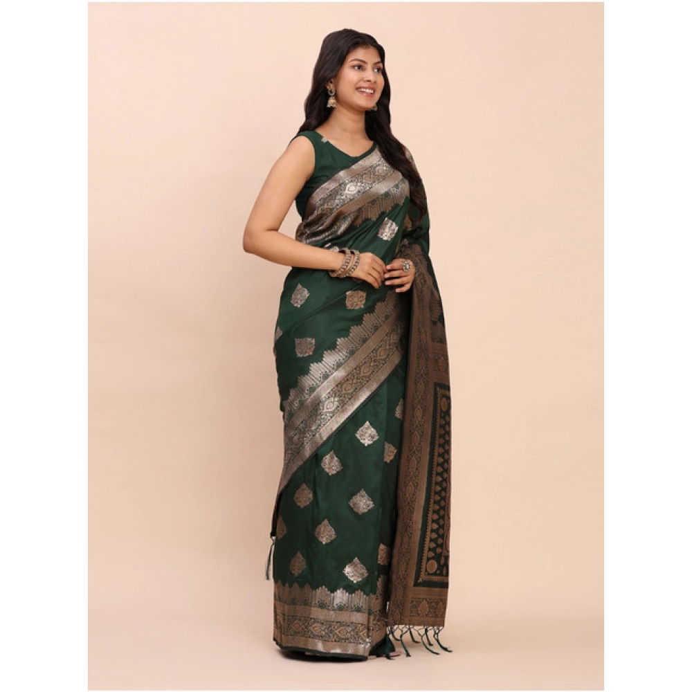 Women's Banarasi Silk Printed Saree With Unstitched Blouse 5.5Mtr (Green) - Image 3