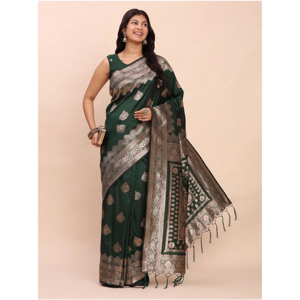 Women's Banarasi Silk Printed Saree With Unstitched Blouse 5.5Mtr (Green) - Image 2