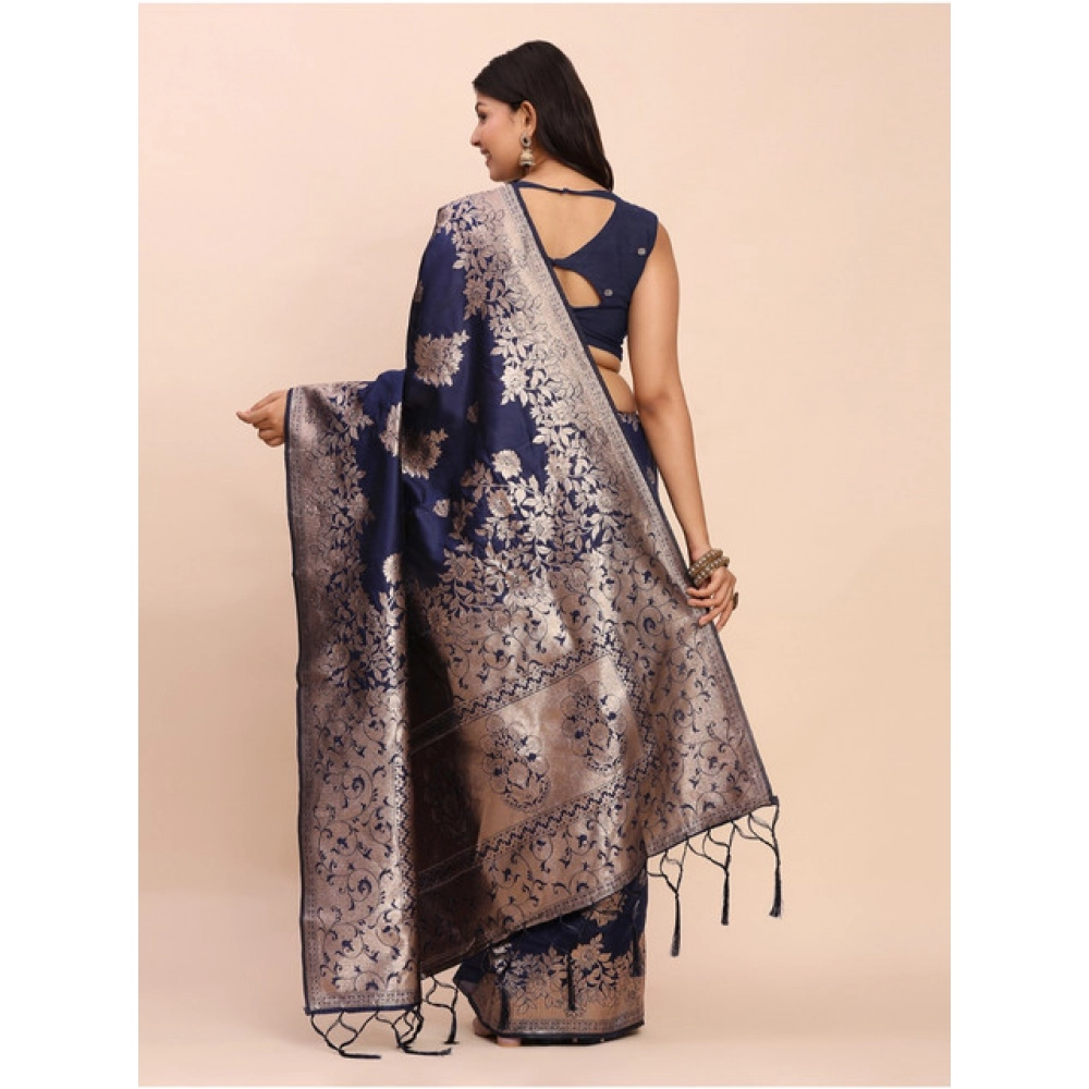 Women's Banarasi Silk Printed Saree With Unstitched Blouse 5.5Mtr (Navy Blue) - Image 4