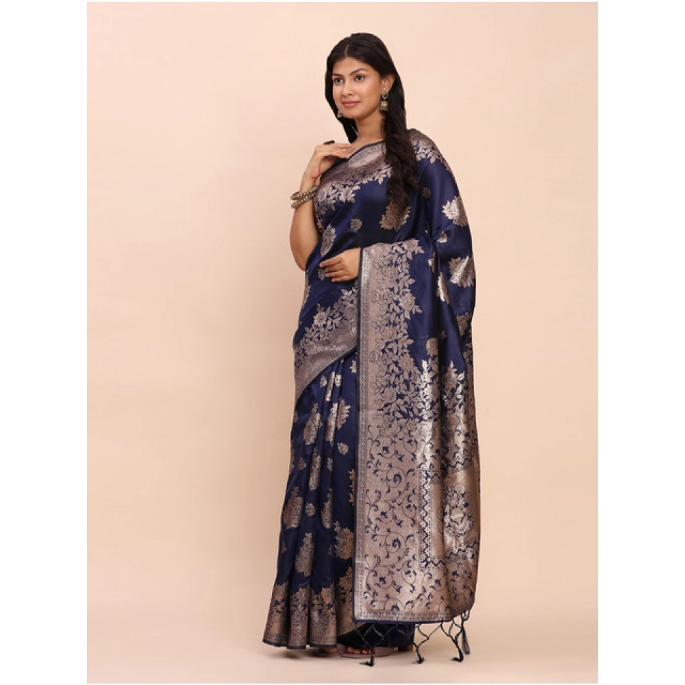 Women's Banarasi Silk Printed Saree With Unstitched Blouse 5.5Mtr (Navy Blue) - Image 3