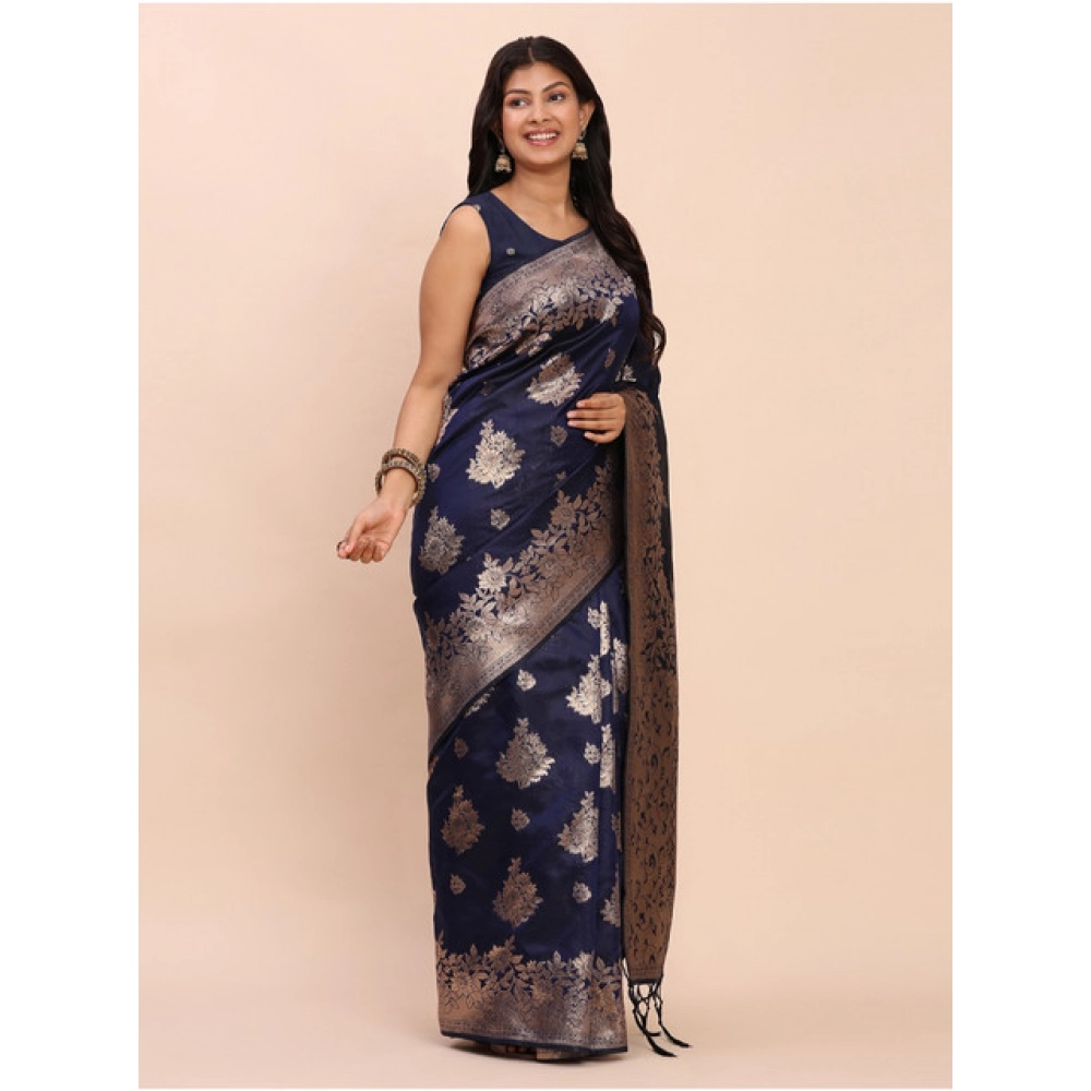 Women's Banarasi Silk Printed Saree With Unstitched Blouse 5.5Mtr (Navy Blue) - Image 2