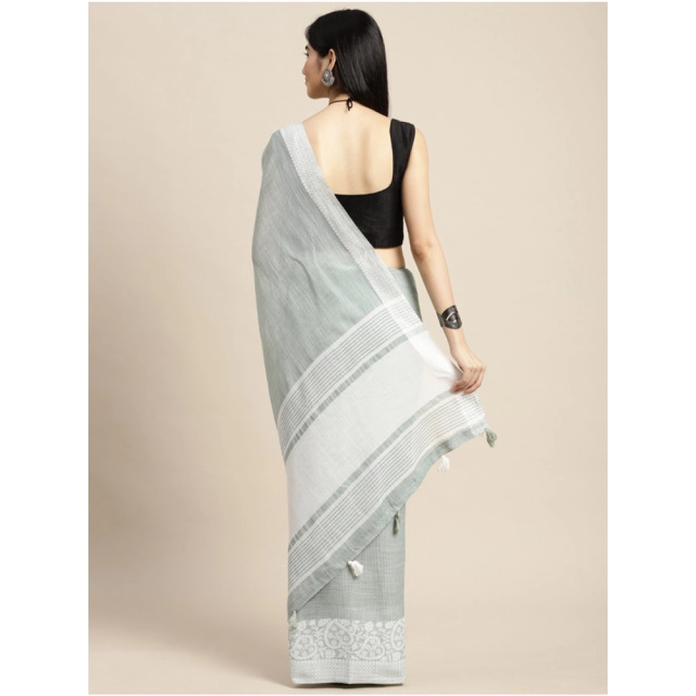 Women's Linen Printed Saree With Unstitched Blouse 5.5Mtr (Sea Green) - Image 4