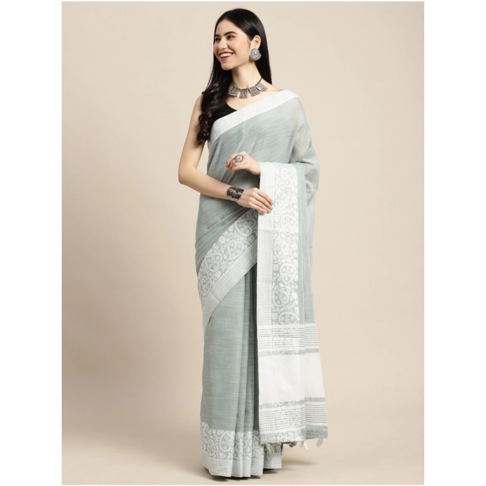 Women's Linen Printed Saree With Unstitched Blouse 5.5Mtr (Sea Green) - Image 3