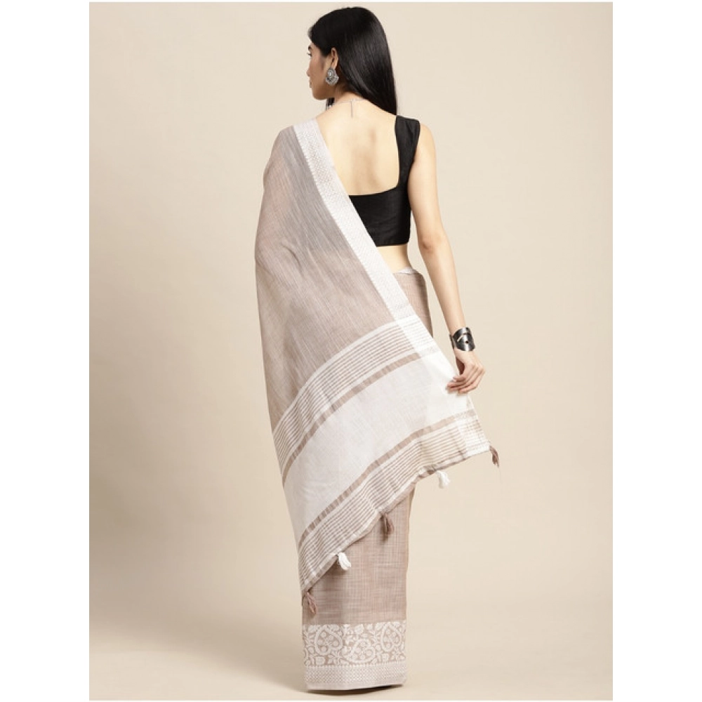 Women's Linen Printed Saree With Unstitched Blouse 5.5Mtr (Beige) - Image 4