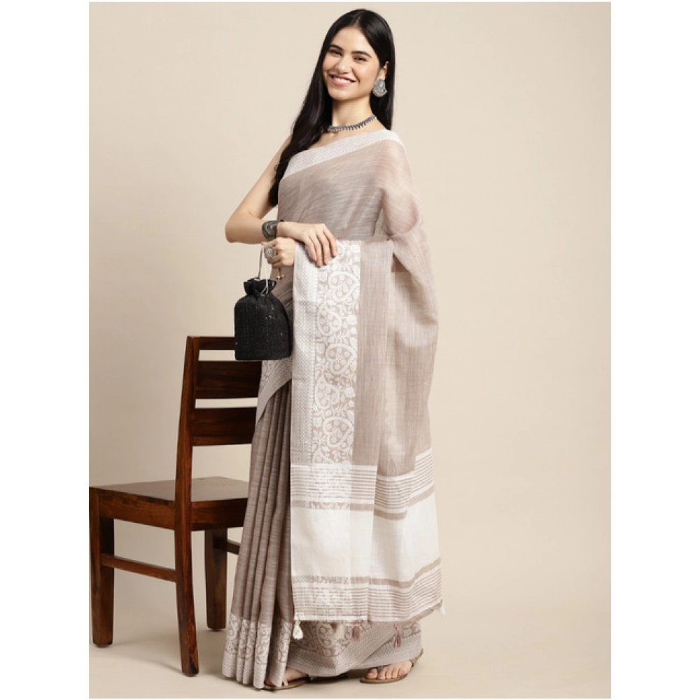 Women's Linen Printed Saree With Unstitched Blouse 5.5Mtr (Beige) - Image 3