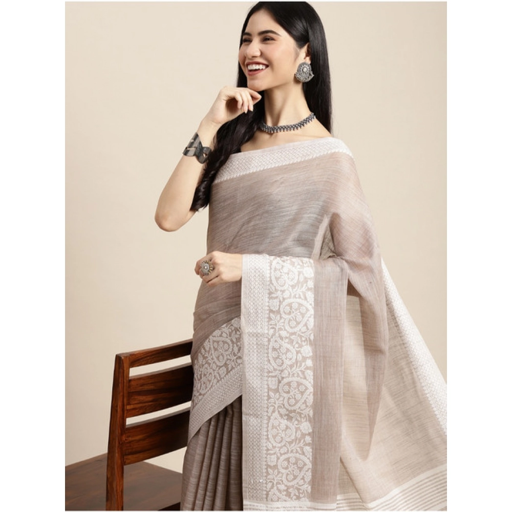 Women's Linen Printed Saree With Unstitched Blouse 5.5Mtr (Beige) - Image 2
