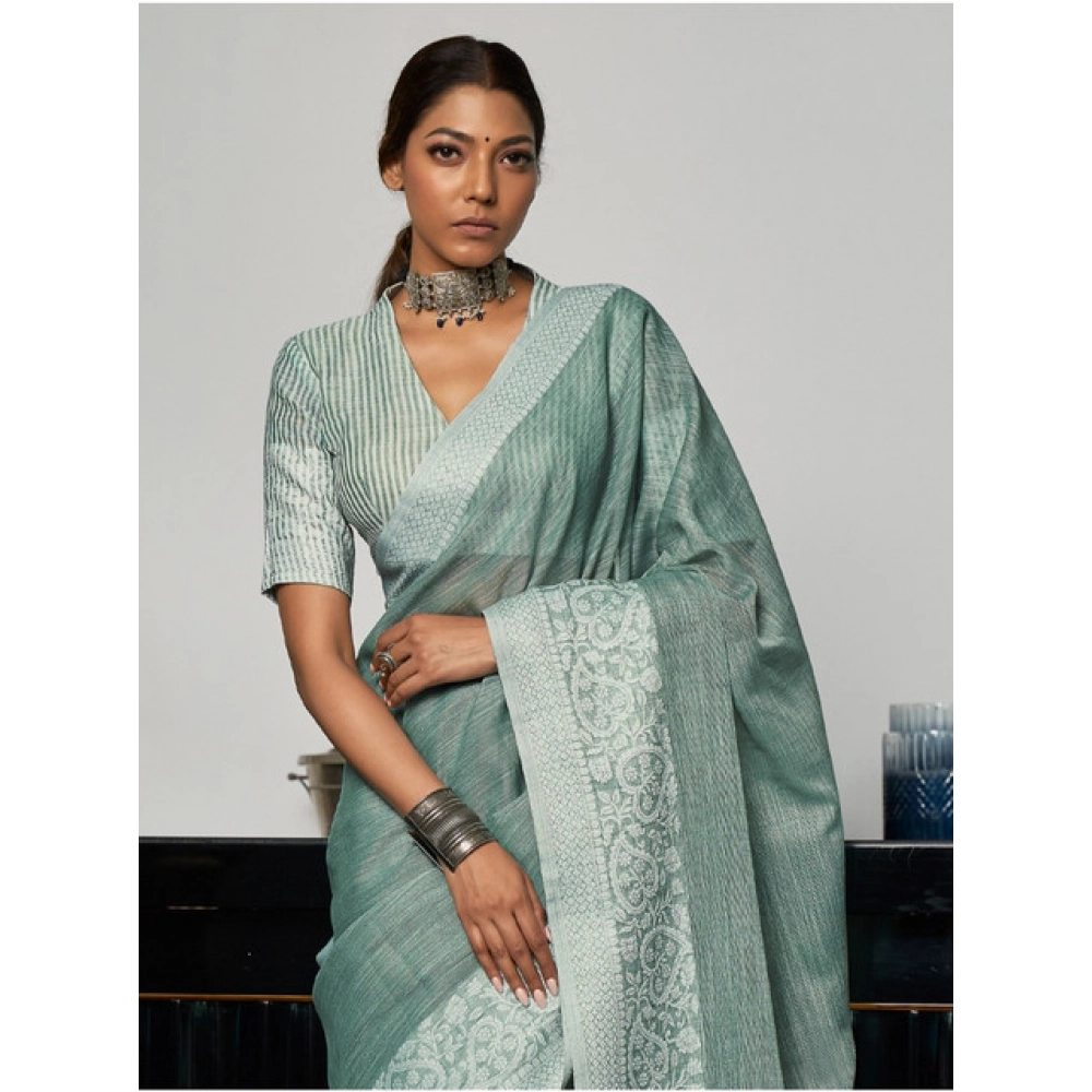 Women's Linen Printed Saree With Unstitched Blouse 5.5Mtr (Sea Green) - Image 4