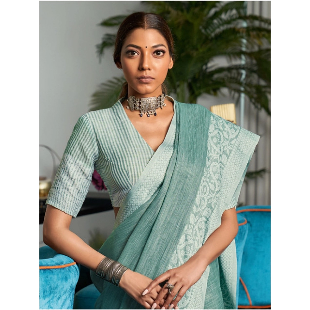 Women's Linen Printed Saree With Unstitched Blouse 5.5Mtr (Sea Green) - Image 3