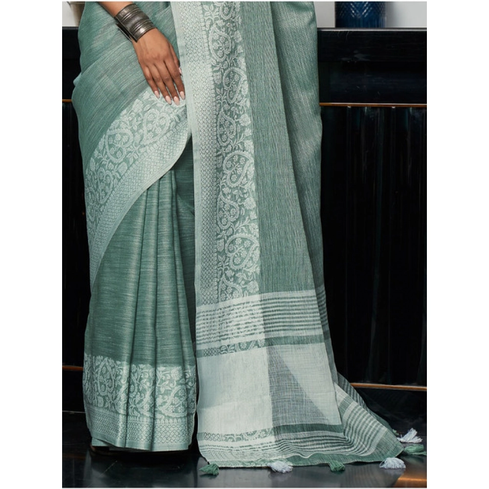 Women's Linen Printed Saree With Unstitched Blouse 5.5Mtr (Sea Green) - Image 2