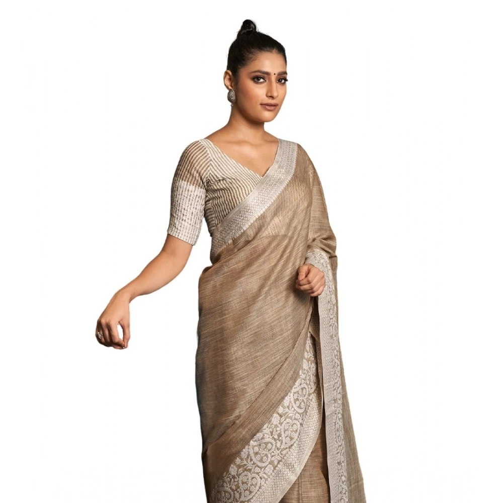 Women's Linen Printed Saree With Unstitched Blouse 5.5Mtr (Beige)