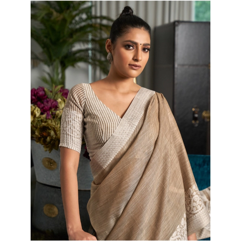 Women's Linen Printed Saree With Unstitched Blouse 5.5Mtr (Beige) - Image 4