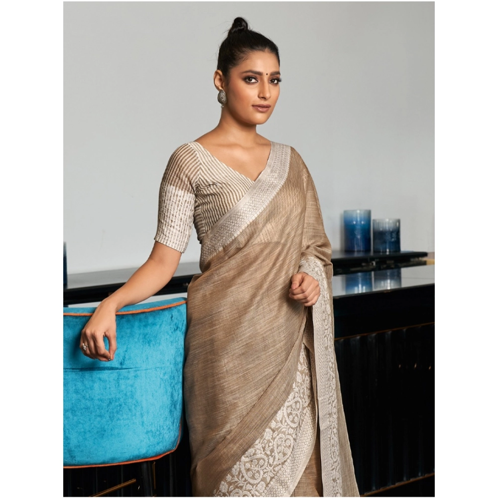 Women's Linen Printed Saree With Unstitched Blouse 5.5Mtr (Beige) - Image 3