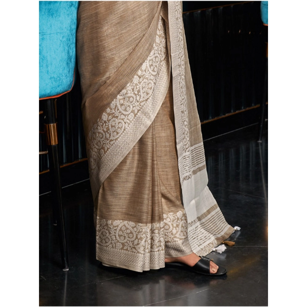 Women's Linen Printed Saree With Unstitched Blouse 5.5Mtr (Beige) - Image 2