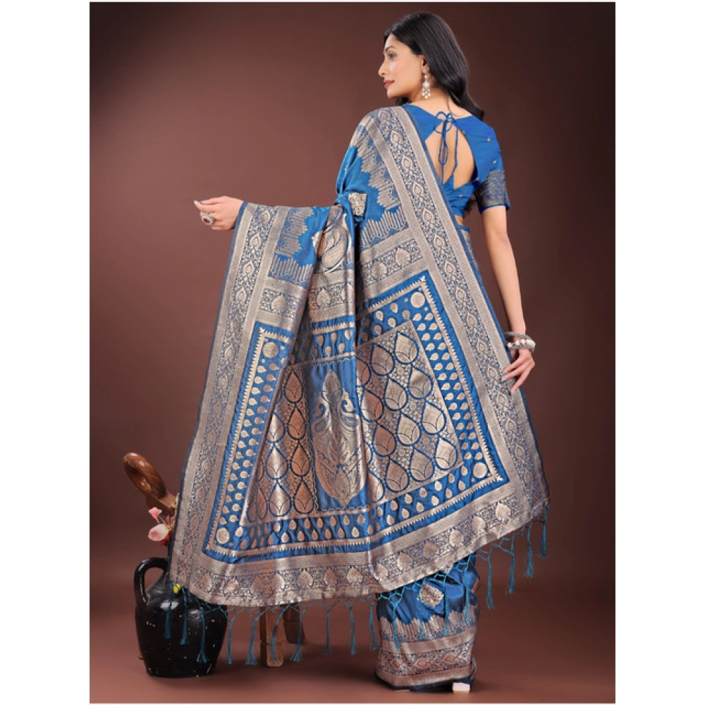 Women's Silk Printed Saree With Unstitched Blouse 5.5Mtr (Sky Blue) - Image 4