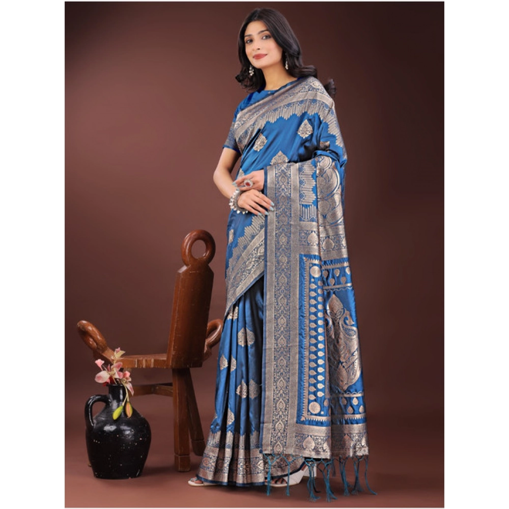 Women's Silk Printed Saree With Unstitched Blouse 5.5Mtr (Sky Blue) - Image 2