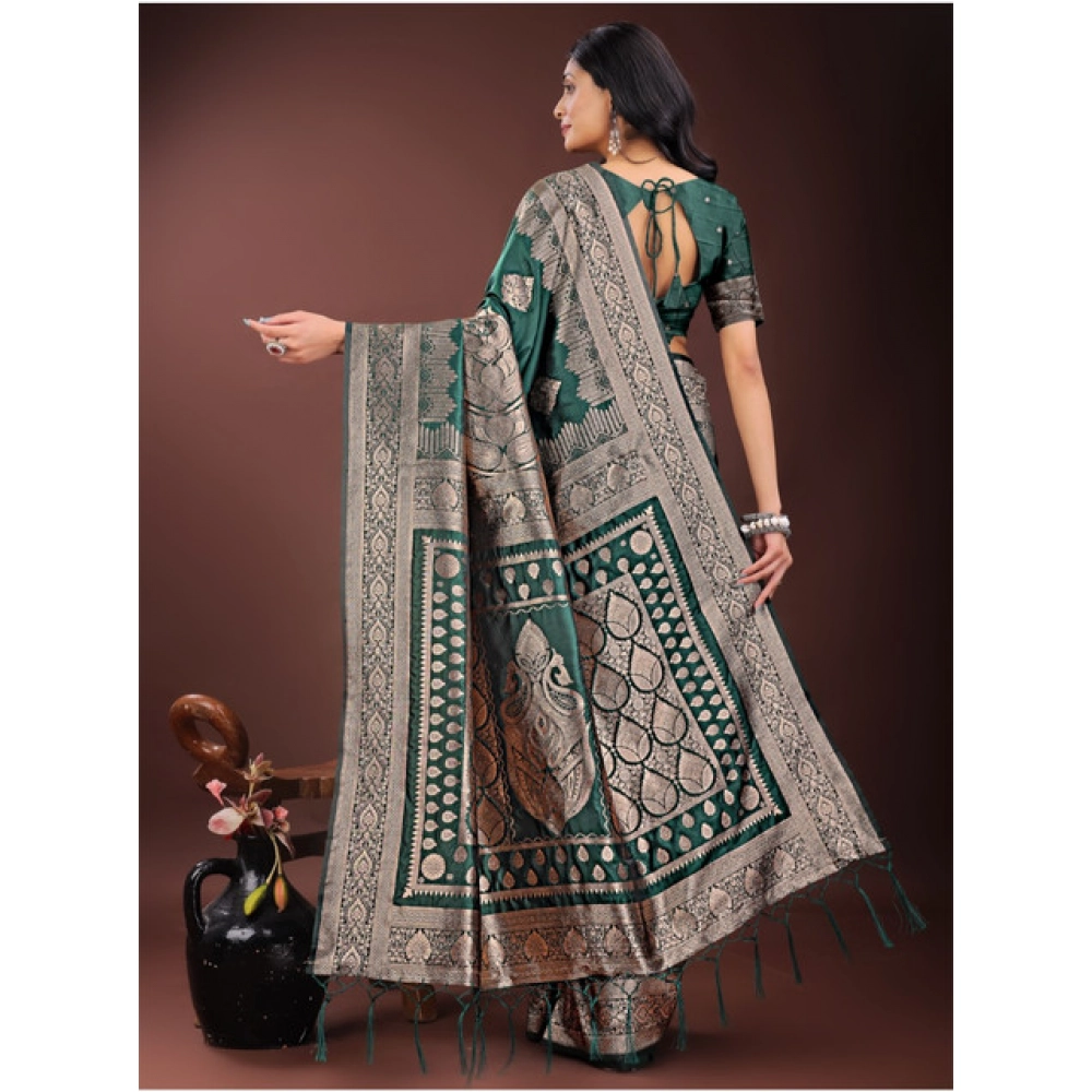 Women's Silk Printed Saree With Unstitched Blouse 5.5Mtr (Green) - Image 4