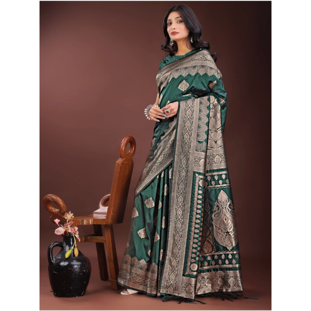 Women's Silk Printed Saree With Unstitched Blouse 5.5Mtr (Green) - Image 3