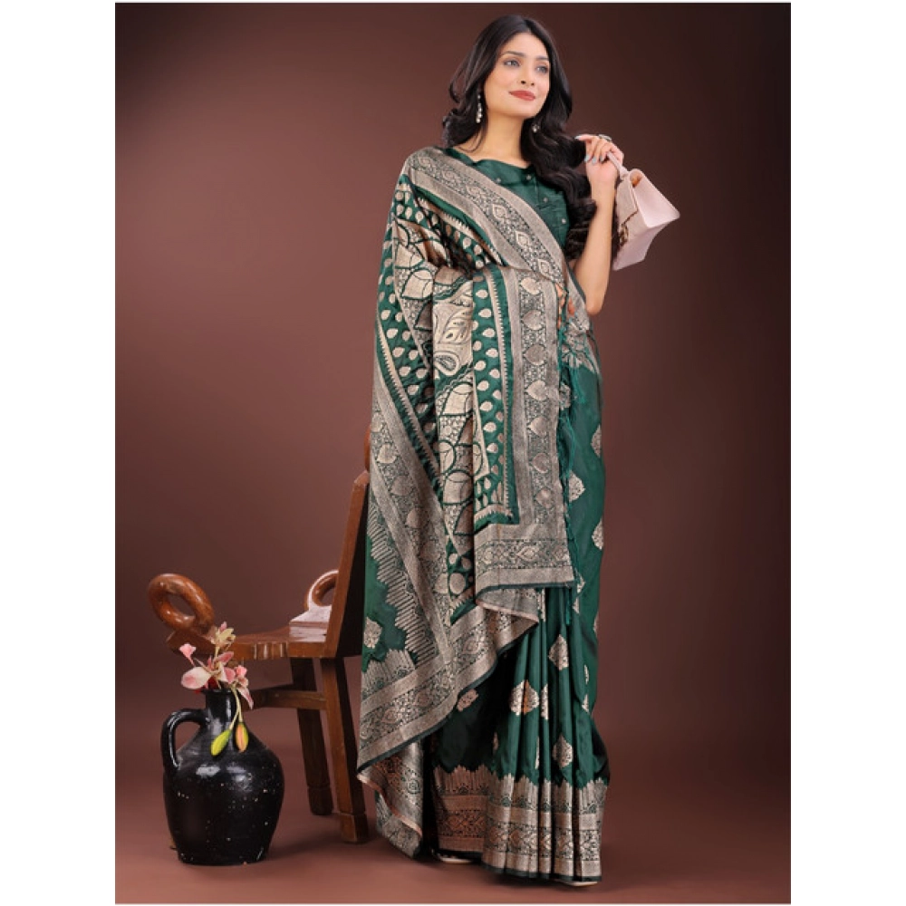 Women's Silk Printed Saree With Unstitched Blouse 5.5Mtr (Green) - Image 2